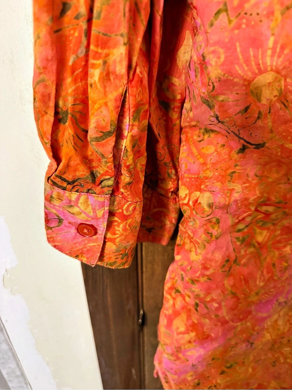 Catherines 1X Floral Button-Front Cotton Shirt Pink & Orange Lightweight - Picture 6 of 8